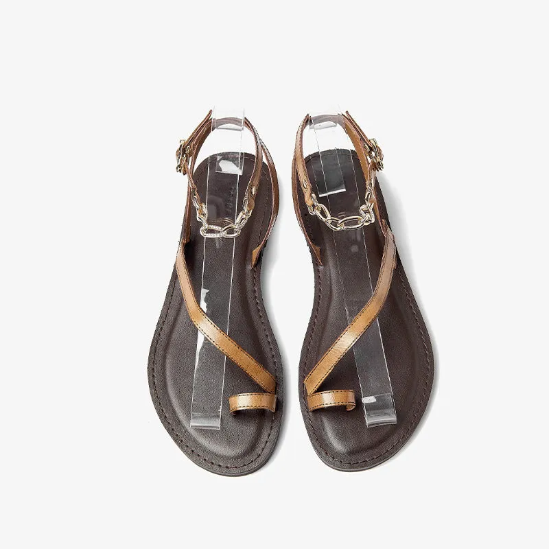 BeauToday Women's Leather Clip Toe One Strap Sandals with Chain Ankle Strap