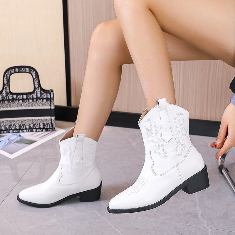 Embroidered short cowboy boots winter fall chunky heeled booties