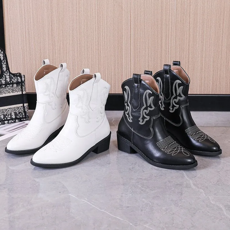 Embroidered short cowboy boots winter fall chunky heeled booties