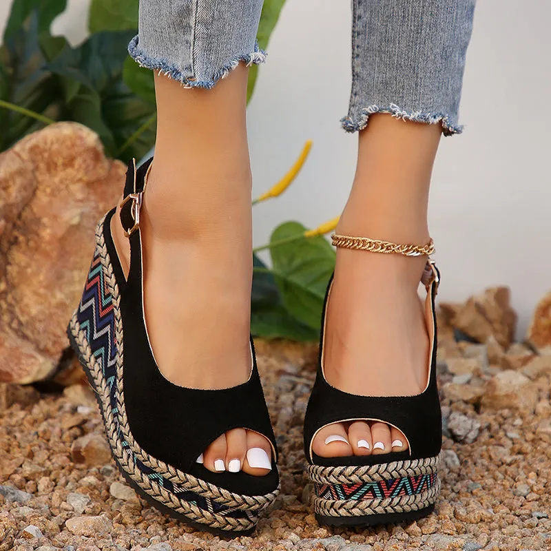 Retro ethnic peep toe wedge sandals