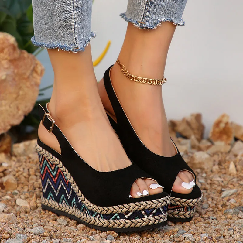 Retro ethnic peep toe wedge sandals