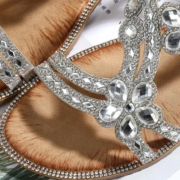 Women boho crystal flower low wedge elastic backstrap sandals