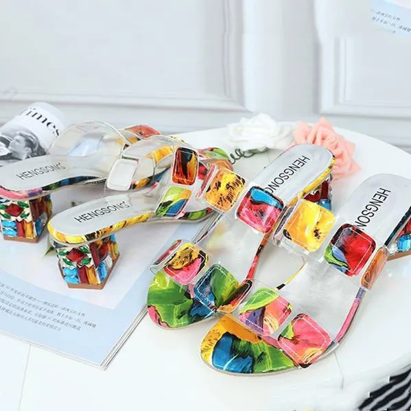 Women's colorful color block chunky peep toe mule sandals